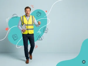Nederlandse arbeidsinspecteur met veiligheidsvest en clipboard stapt alert naar voren in studio met ruimte voor tekst
