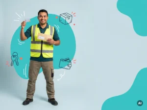 Zelfverzekerde arbeidsmigrant in logistieke werkkleding met bankpas en loonstrook in lichtblauwe studio.