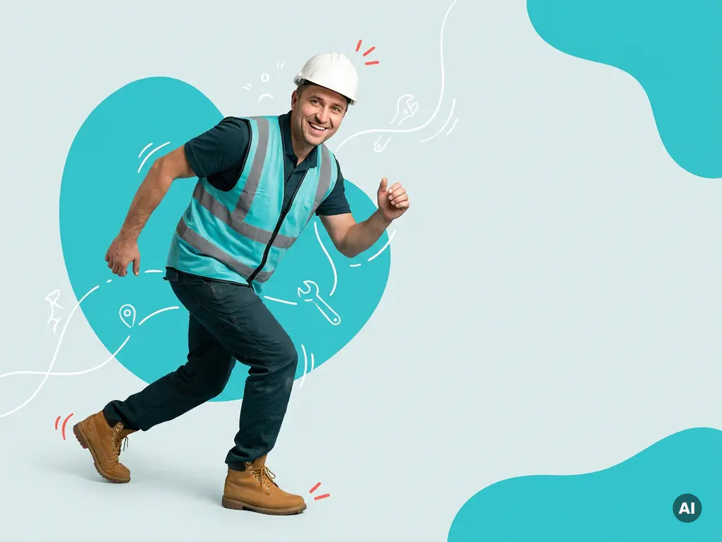 Vriendelijke Oost-Europese bouwvakker in veiligheidskleding, glimlachend in studio met turquoise vormen en copyspace