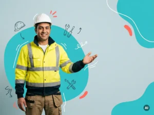 Zelfverzekerde arbeidsmigrant in industriële werkkleding biedt hulp aan, op moderne wervingsachtergrond met ruimte voor tekst
