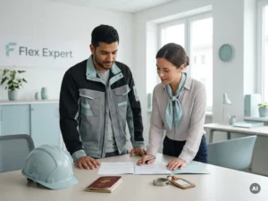 Arbeidsmigrant en intercedent bespreken werkdocumenten in professioneel uitzendkantoor met veiligheidshelm en reisitems.