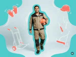 Zelfverzekerde arbeidsmigrant in werkkleding in studio, met turquoise vormen en ruimte voor websitetekst.