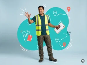 Zelfverzekerde arbeidsmigrant in logistieke werkkleding met papieren en paspoortmap, in studio met ruimte voor tekst