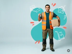 Zelfverzekerde arbeidsmigrant in logistieke werkkleding met sleutelbos en doos, in studio met ruimte voor tekst