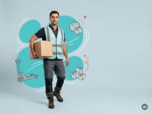 Zelfverzekerde arbeidsmigrant in logistiek met doos in magazijnkleding, studioportret met ruimte voor websitetekst