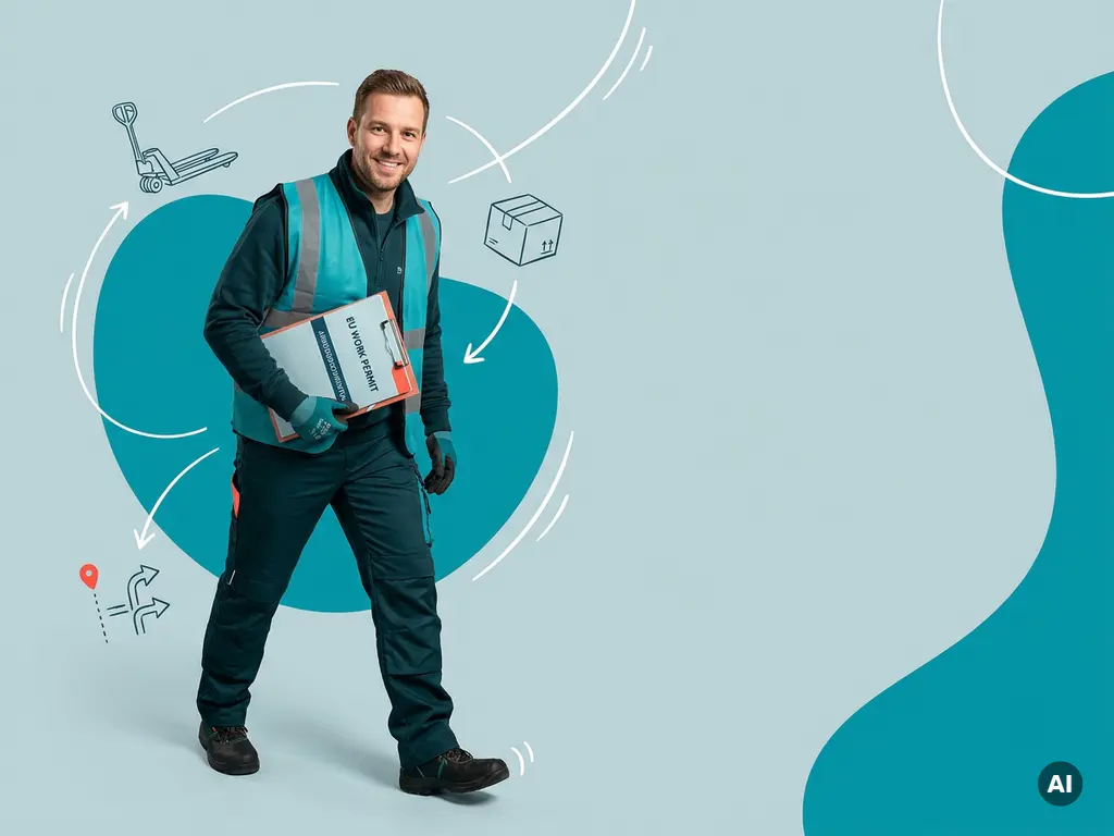 Zelfverzekerde EU-arbeidsmigrant in magazijnkleding met documenten, in moderne studio voor recruitment in Nederland