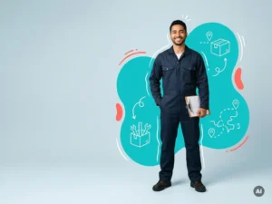 Zelfverzekerde arbeidsmigrant in industriële werkkleding met clipboard, studioportret op lichtblauwe achtergrond.