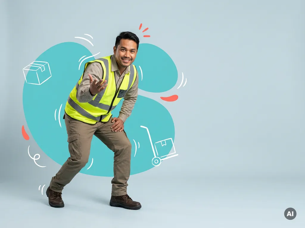 Zelfverzekerde arbeidsmigrant in logistieke werkkleding met veiligheidsvest, uitnodigend poserend in studio.