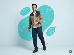 Zelfverzekerde arbeidsmigrant in industriële werkkleding, staand in studio met turquoise vormen en ruimte voor tekst