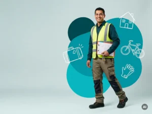 Zelfverzekerde arbeidsmigrant als logistiek medewerker met papieren en sleutels in studio, met ruimte voor websitetekst