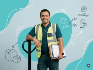 Zelfverzekerde arbeidsmigrant in logistieke werkkleding met documenten en pallettruck in lichte recruitmentstudio