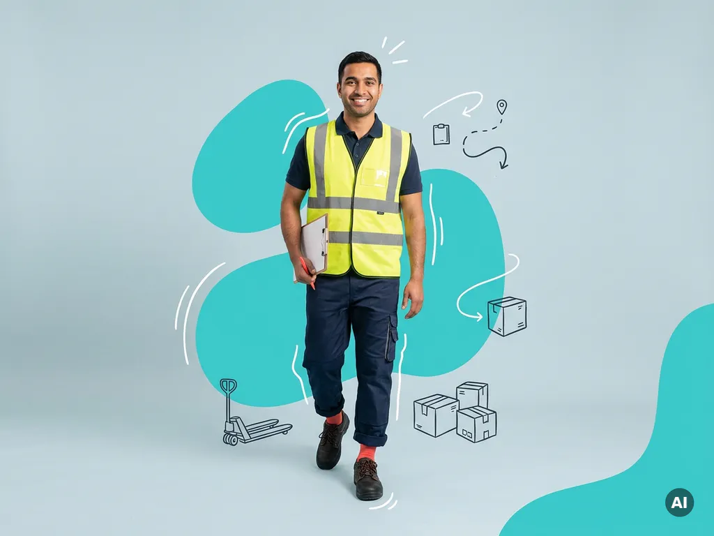 Zelfverzekerde arbeidsmigrant in logistieke werkkleding met clipboard, studioportret voor recruitment op lichtblauwe achtergrond