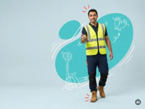 Zelfverzekerde arbeidsmigrant in logistieke werkkleding met veiligheidshesje, uitnodigend in studio met lege ruimte