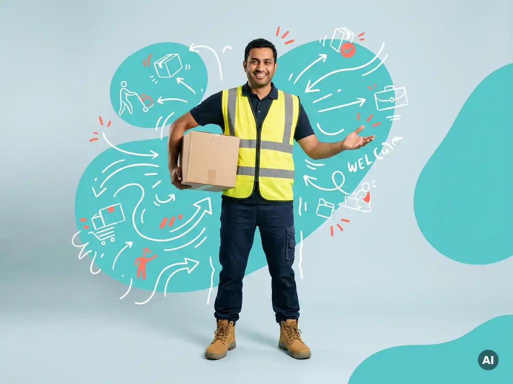 Zelfverzekerde arbeidsmigrant met verhuisdoos in logistieke werkkleding, uitnodigend in lichtblauwe studio.