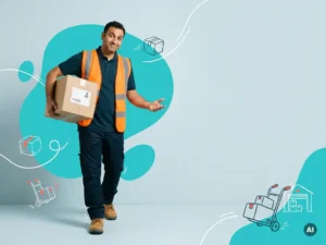Zelfverzekerde arbeidsmigrant in logistieke werkkleding met doos, uitnodigend gebaar, studio op lichtblauwe achtergrond
