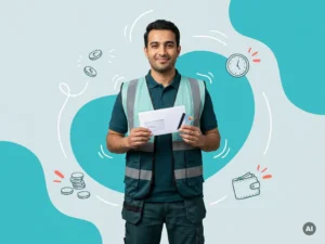 Zelfverzekerde arbeidsmigrant in logistieke werkkleding toont loonstrook en betaalpas voor correcte loonuitbetaling.