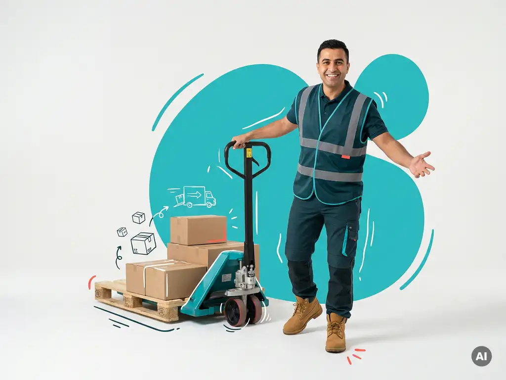 Zelfverzekerde arbeidsmigrant als magazijnmedewerker met palletwagen in studio, modern logistiek recruitmentbeeld