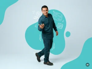 Zelfverzekerde arbeidsmigrant in werkkleding in studio, uitnodigend gebaar, turquoise werk en inkomen illustraties