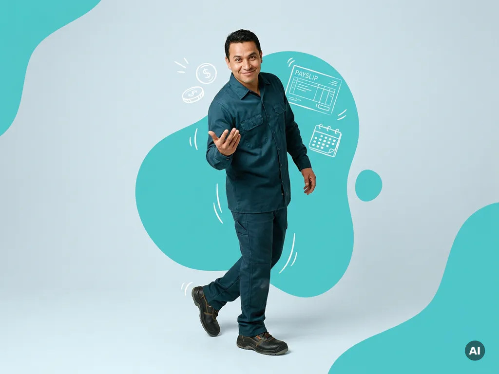 Zelfverzekerde arbeidsmigrant in werkkleding in studio, uitnodigend gebaar, turquoise werk en inkomen illustraties