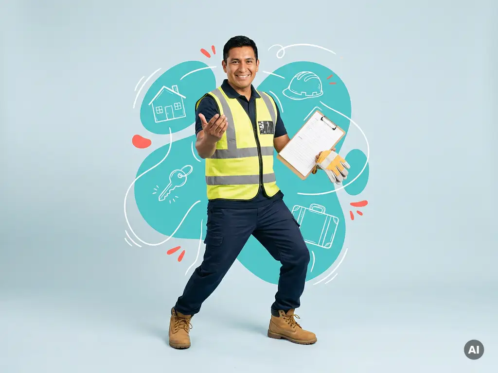 Zelfverzekerde arbeidsmigrant in logistieke werkkleding met clipboard, symbool voor onboarding en werkgeverszaken