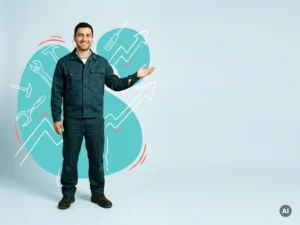 Zelfverzekerde arbeidsmigrant als productiemedewerker in werkkleding, studioportret met ruimte voor websitetekst