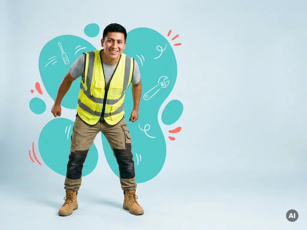 Zelfverzekerde arbeidsmigrant in industriële werkkleding in studio, met glimlach en grafische turquoise vormen.