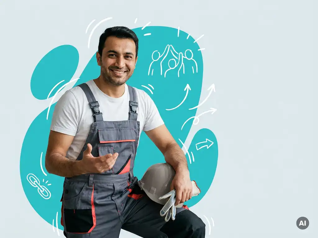 Zelfverzekerde arbeidsmigrant in industriële werkkleding heet collega welkom, met helm, in moderne studiofoto met teamgevoel