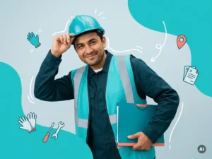Zelfverzekerde arbeidsmigrant in werkkleding met helm en documenten, in studio voor wervingscampagne werkregistratie