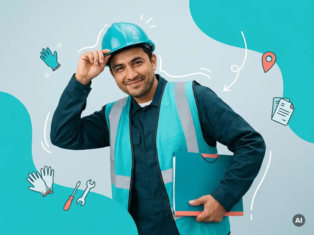 Zelfverzekerde arbeidsmigrant in werkkleding met helm en documenten, in studio voor wervingscampagne werkregistratie