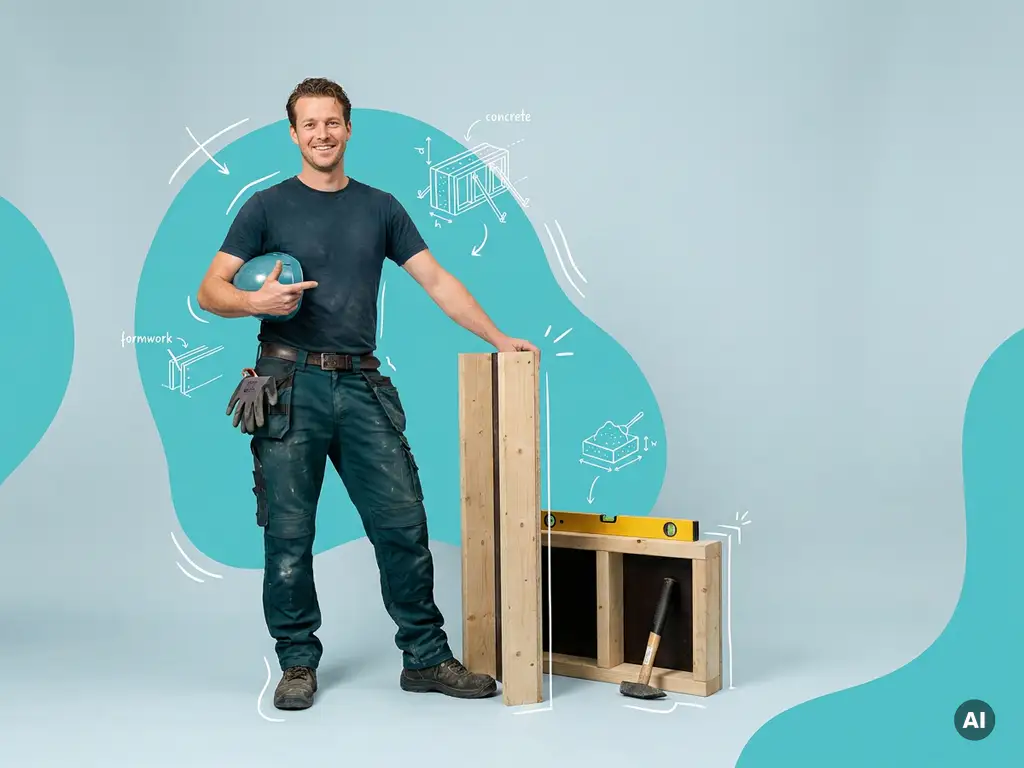 Zelfverzekerde Nederlandse bekister in studio met houten bekisting, bouwhelm en ruimte voor websitetekst