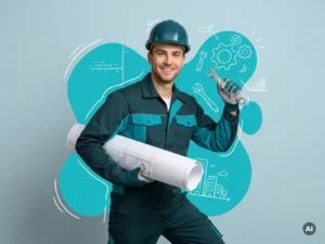 Jonge bouw- en techniekprofessional met helm, bouwtekeningen en gereedschap in moderne studio, met ruimte voor tekst