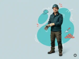 Zelfverzekerde bouwvakker arbeidsmigrant in helm en werkkleding, klaar voor werk, op lichtblauwe studioachtergrond.