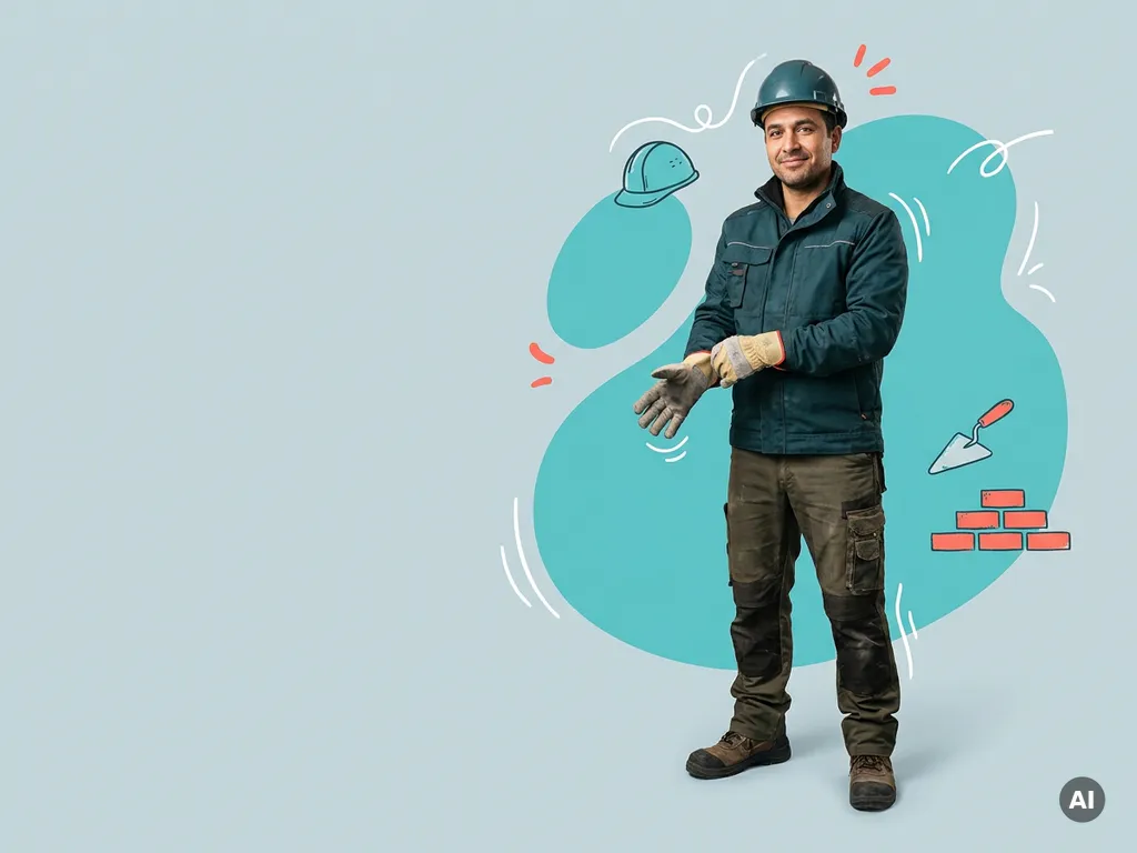 Zelfverzekerde bouwvakker arbeidsmigrant in helm en werkkleding, klaar voor werk, op lichtblauwe studioachtergrond.