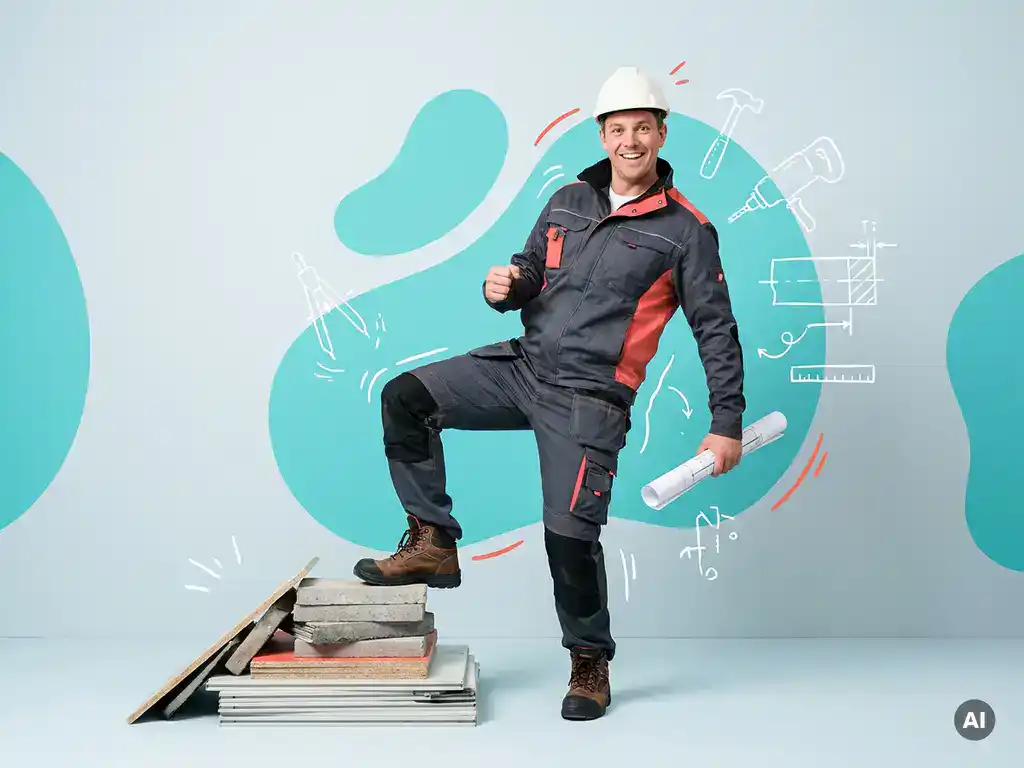 Zelfverzekerde Nederlandse bouwvakker met helm en bouwtekening in studio, met ruimte voor websitetekst.