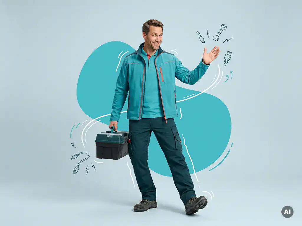 Vriendelijke buitendienstmonteur in werkkleding met gereedschapskoffer, in studio met technische illustraties.