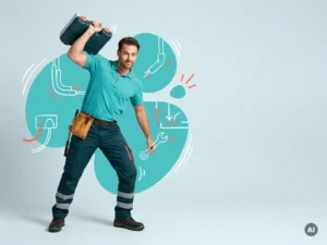 Vriendelijke buitendienstmonteur in moderne werkkleding met gereedschapskoffer, studiofoto voor recruitment.