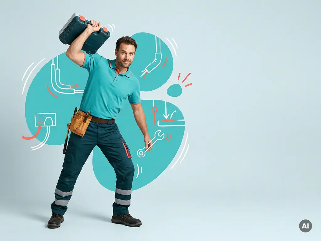 Vriendelijke buitendienstmonteur in moderne werkkleding met gereedschapskoffer, studiofoto voor recruitment.