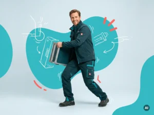 Zelfverzekerde buitendienstmonteur in moderne werkkleding met gereedschap, turquoise decor, lichte studioachtergrond.