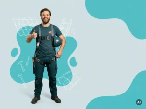 Zelfverzekerde Nederlandse dakdekker in werkkleding met helm en harnas, duim omhoog in studio met ruimte voor tekst
