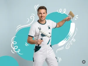 Professionele decoratieschilder met roller en kwast, poserend in studio met turquoise verfvormen op lichtblauwe achtergrond
