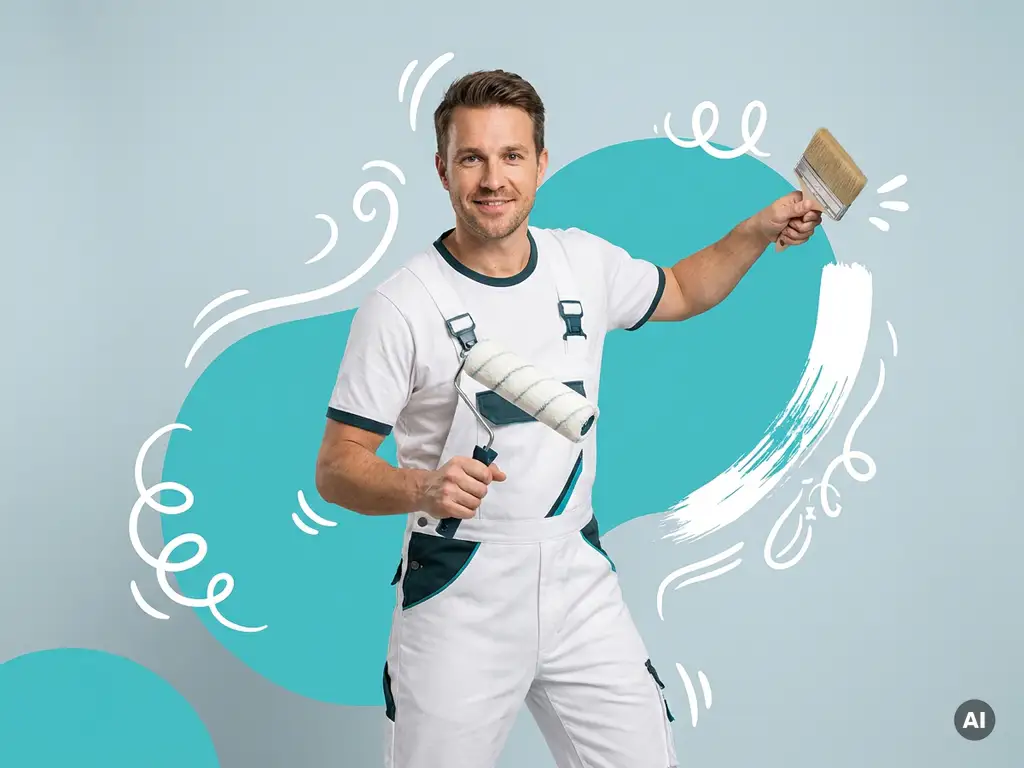 Professionele decoratieschilder met roller en kwast, poserend in studio met turquoise verfvormen op lichtblauwe achtergrond