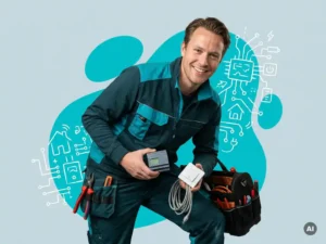 Zelfverzekerde Nederlandse domotica- en PLC-monteur met slimme sensor en PLC-module in moderne studiosetting