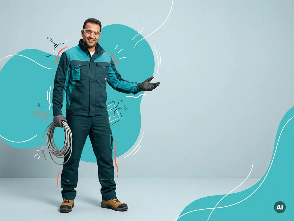 Zelfverzekerde elektromonteur in werkkleding met kabel, uitnodigend gebaar, studio op lichtblauwgrijze achtergrond