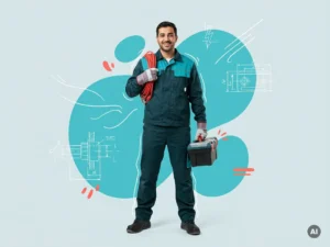 Zelfverzekerde elektromonteur arbeidsmigrant met gereedschapskist in studio, turquoise werkkleding, lichtblauwe achtergrond