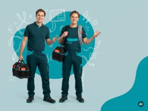 Jonge Nederlandse elektromonteur presenteert oplossing in studio, met installatietas en grafische elektrotechniek-achtergrond