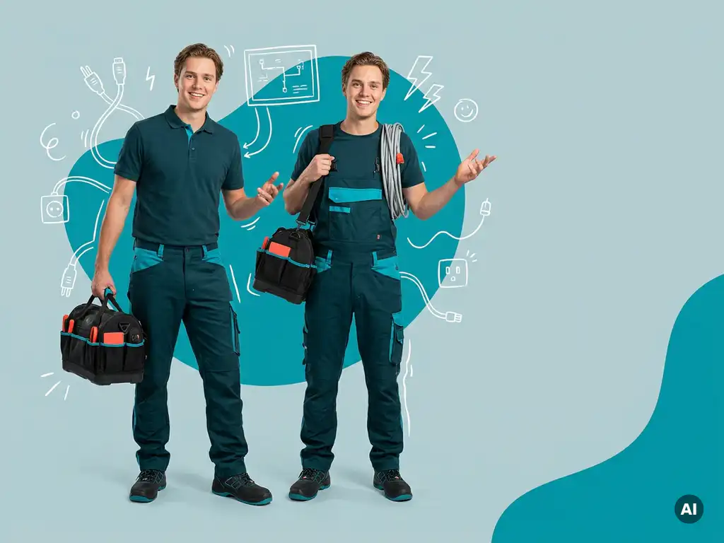 Jonge Nederlandse elektromonteur presenteert oplossing in studio, met installatietas en grafische elektrotechniek-achtergrond