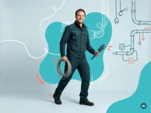 Zelfverzekerde Nederlandse elektromonteur-installatiemonteur met kabel en sleutel in studio, wervende sfeer.