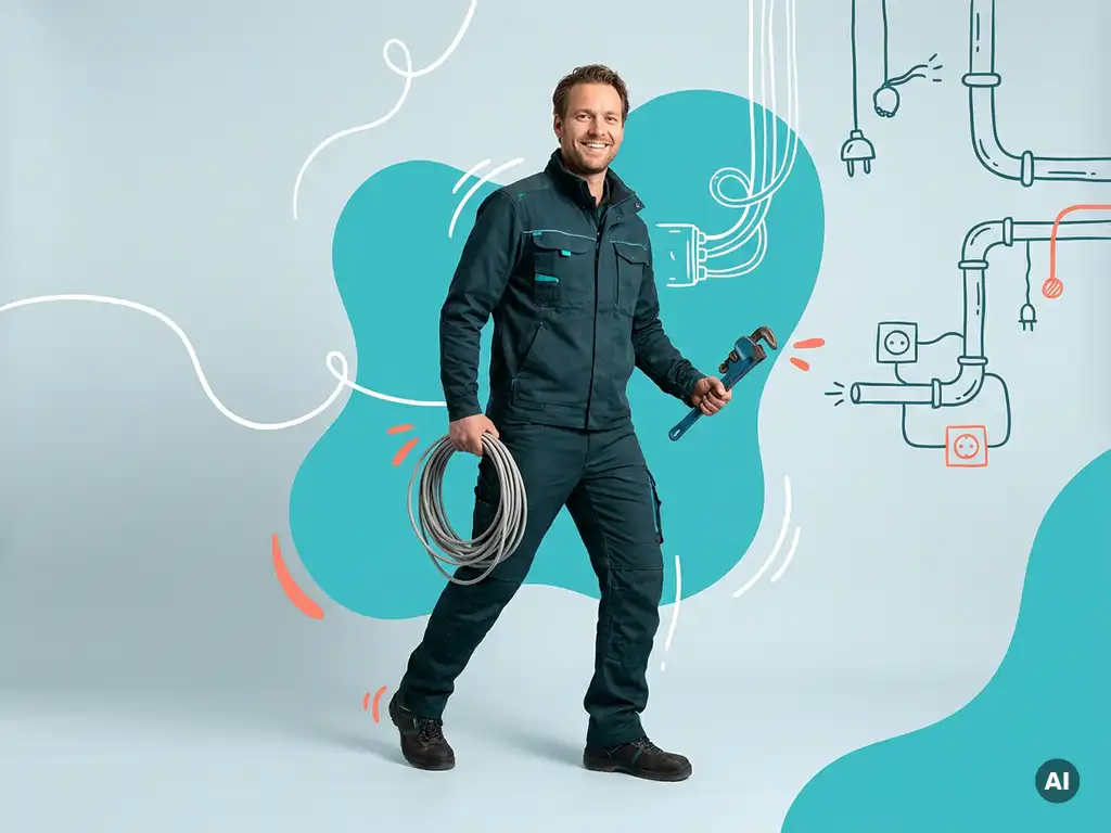 Zelfverzekerde Nederlandse elektromonteur-installatiemonteur met kabel en sleutel in studio, wervende sfeer.