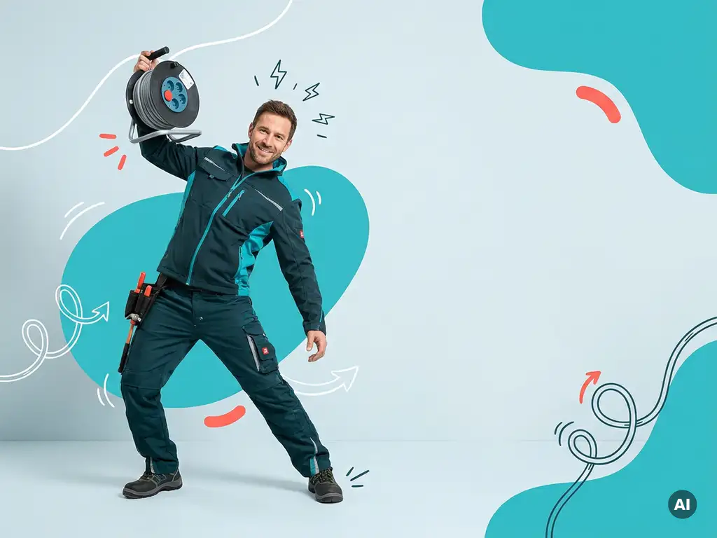 Zelfverzekerde elektromonteur in moderne werkkleding met kabelhaspel, studioportret voor recruitmentcampagne.