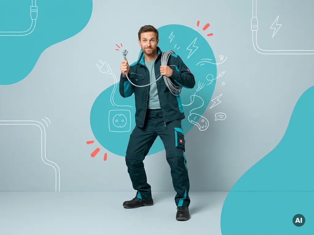 Zelfverzekerde elektromonteur met stekker in studio, veilige elektrotechniek, turquoise accenten en ruimte voor tekst